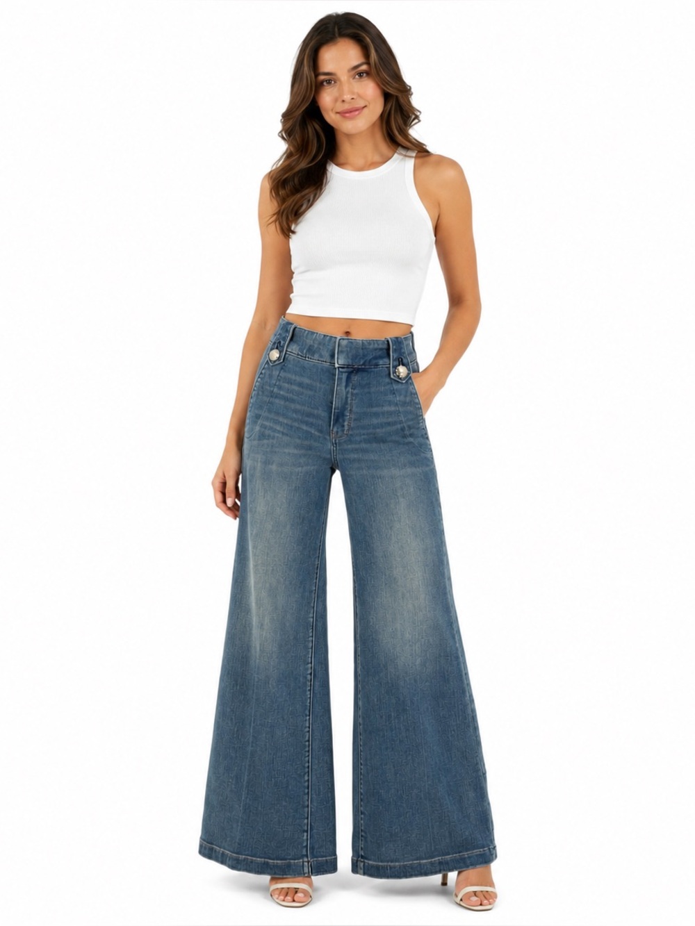 WHBM High Rise Wide Leg Everyday Soft Jeans Blue Denim Cropped Ankle Pants SZ 0S